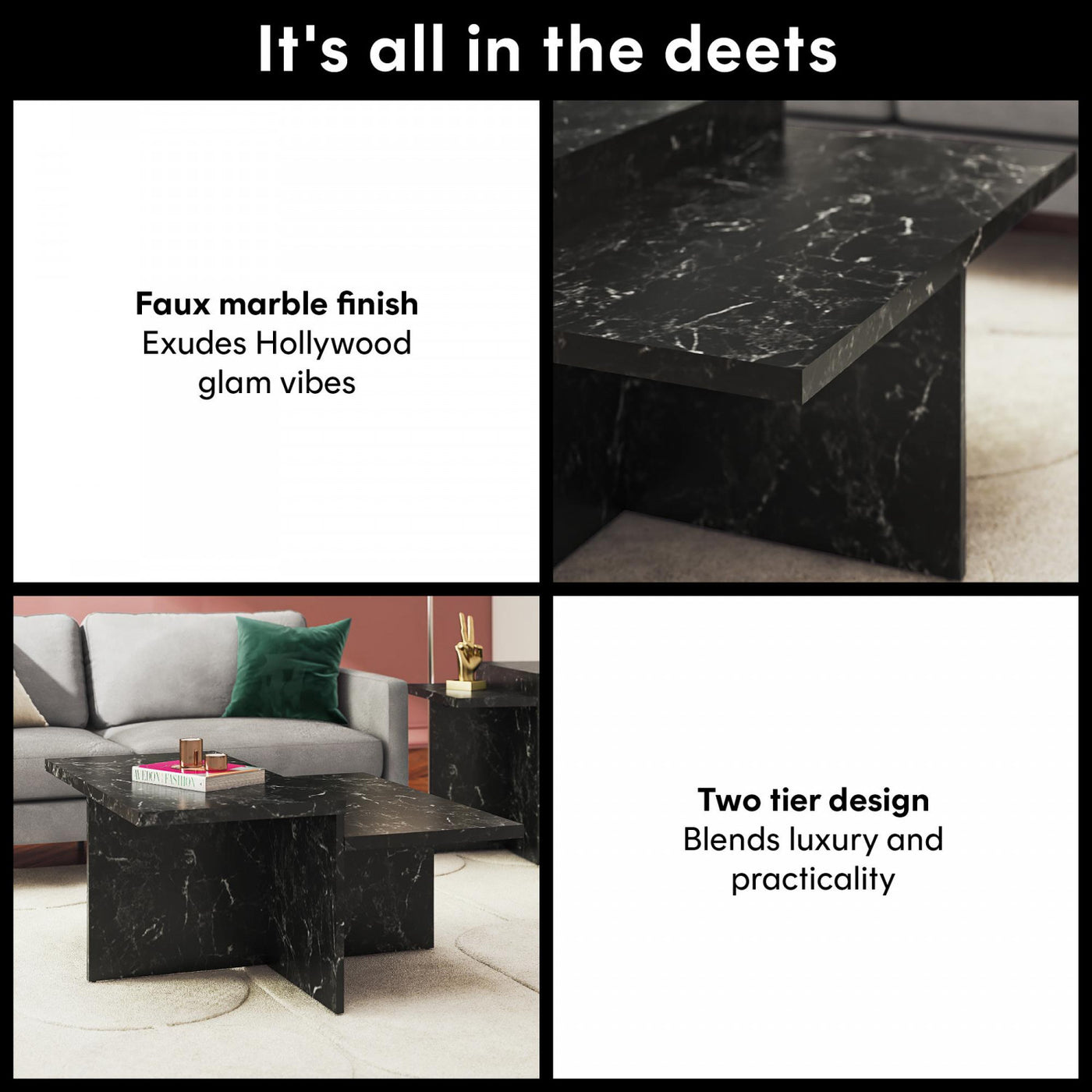 Brielle Two-Tiered Coffee Table - Faux Black Marble