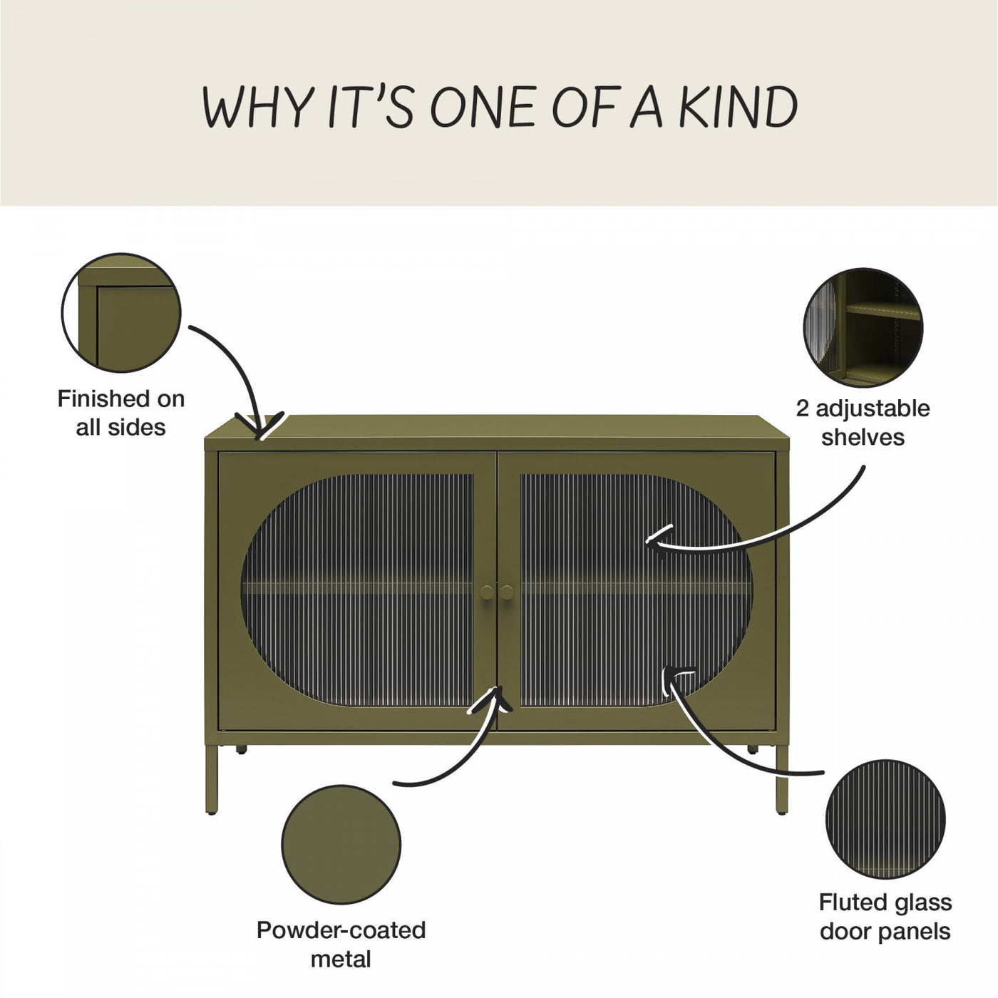 Luna Wide 2-Door Accent Cabinet with Fluted Glass - Olive Green