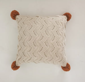 Rustic Charm 18 x 15" Cable Knit Decorative Cushion with Pom-Pom Accents - Beige, Rust