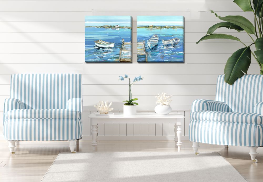 Fishing Dock Wall Art - Blue/Green - 16 X 16 - Set of 2