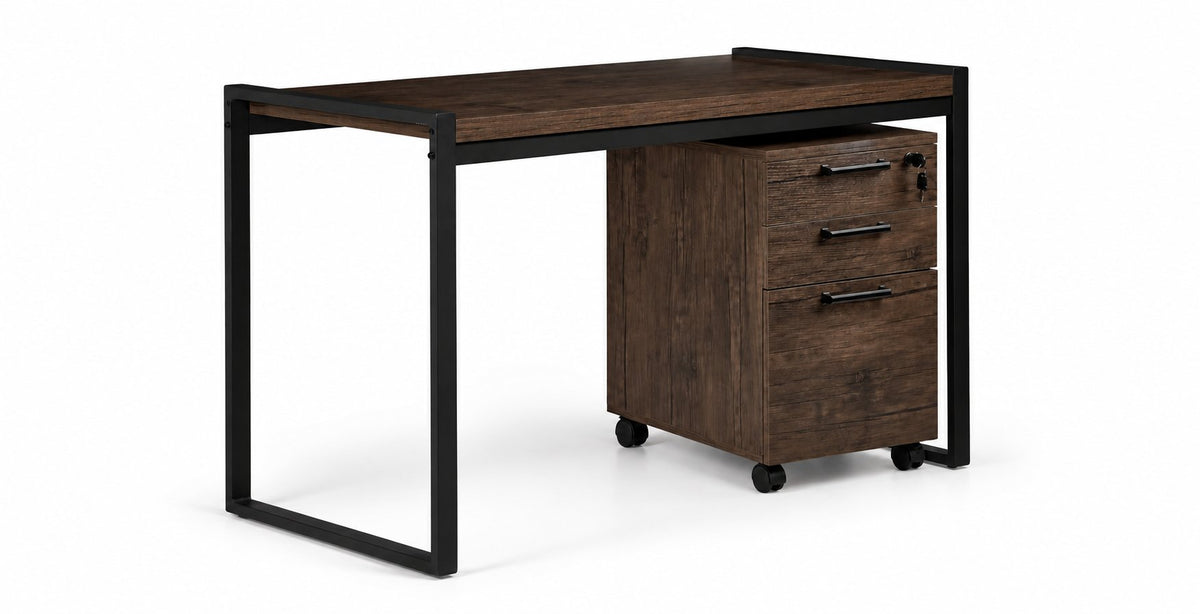 Sean 51" Writing Desk and Filing Cabinet Set - Grey Stone in a three-quarter view with wood-look desktop, black metal frame and three-drawer rolling filing cabinet