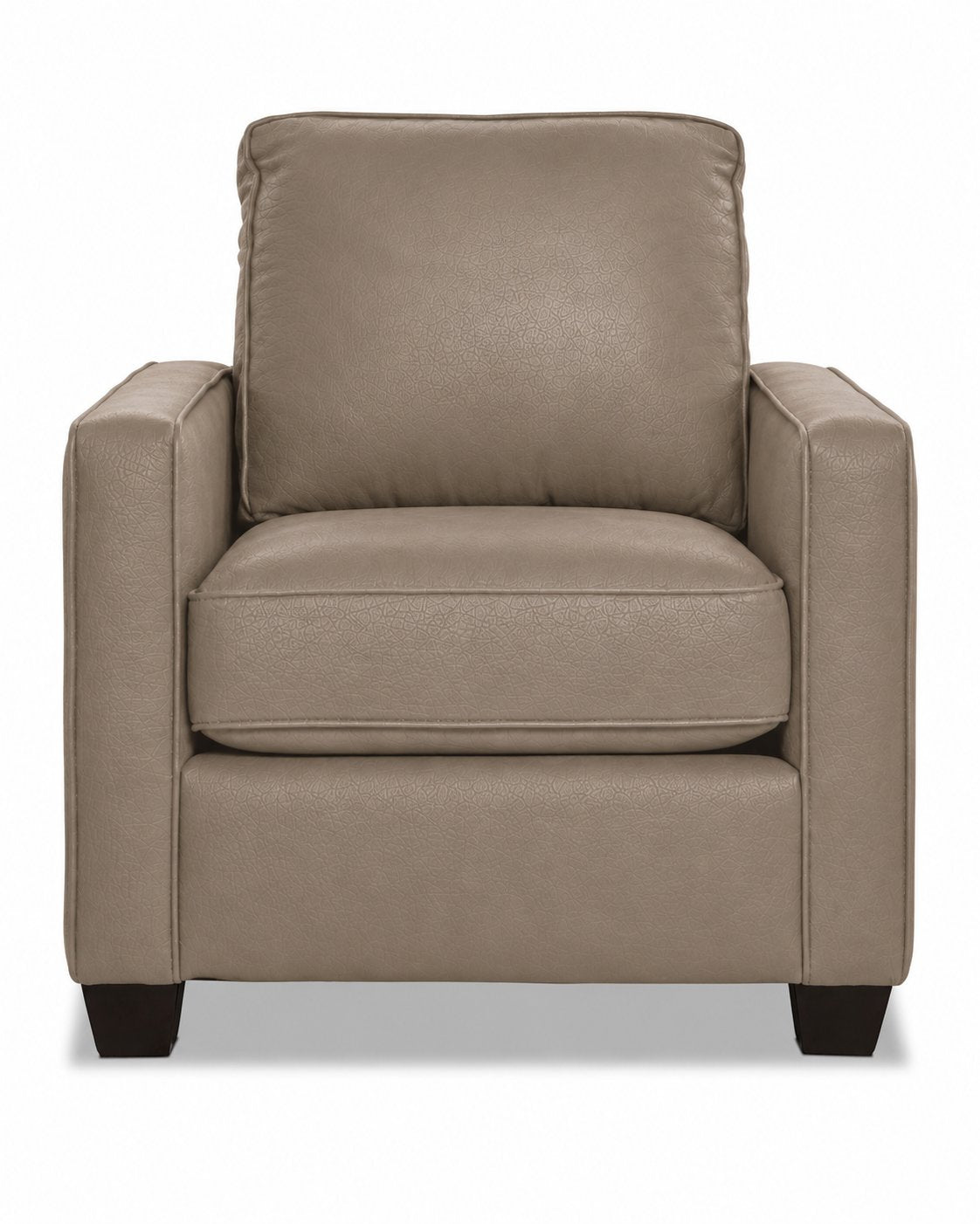 City Leather Chair - Stone front view with a padded back cushion, piped seat cushion, slim track arms and dark wood legs