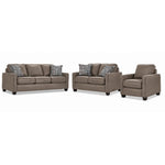 City Leather Sofa, Loveseat and Chair Set - Stone with matching leather seating, patterned accent pillows and dark wood legs