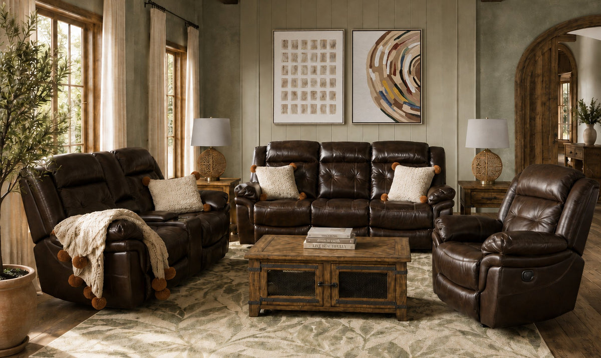 Cooper Leather Reclining Sofa and Loveseat with Console Set - Brown
