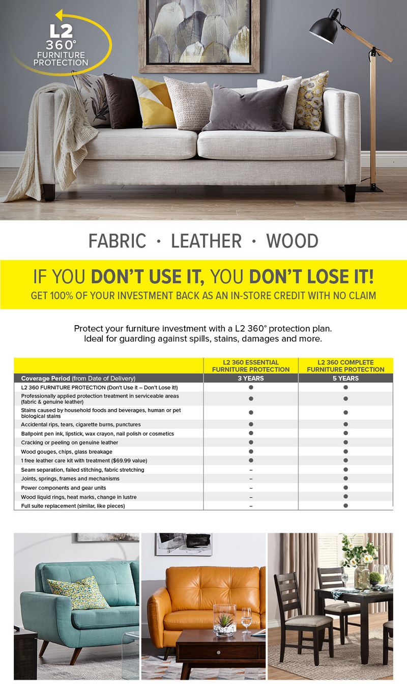 If you don't use it, you don't lose it! L2 360 furniture protection. Add protection plan in cart. More Details.