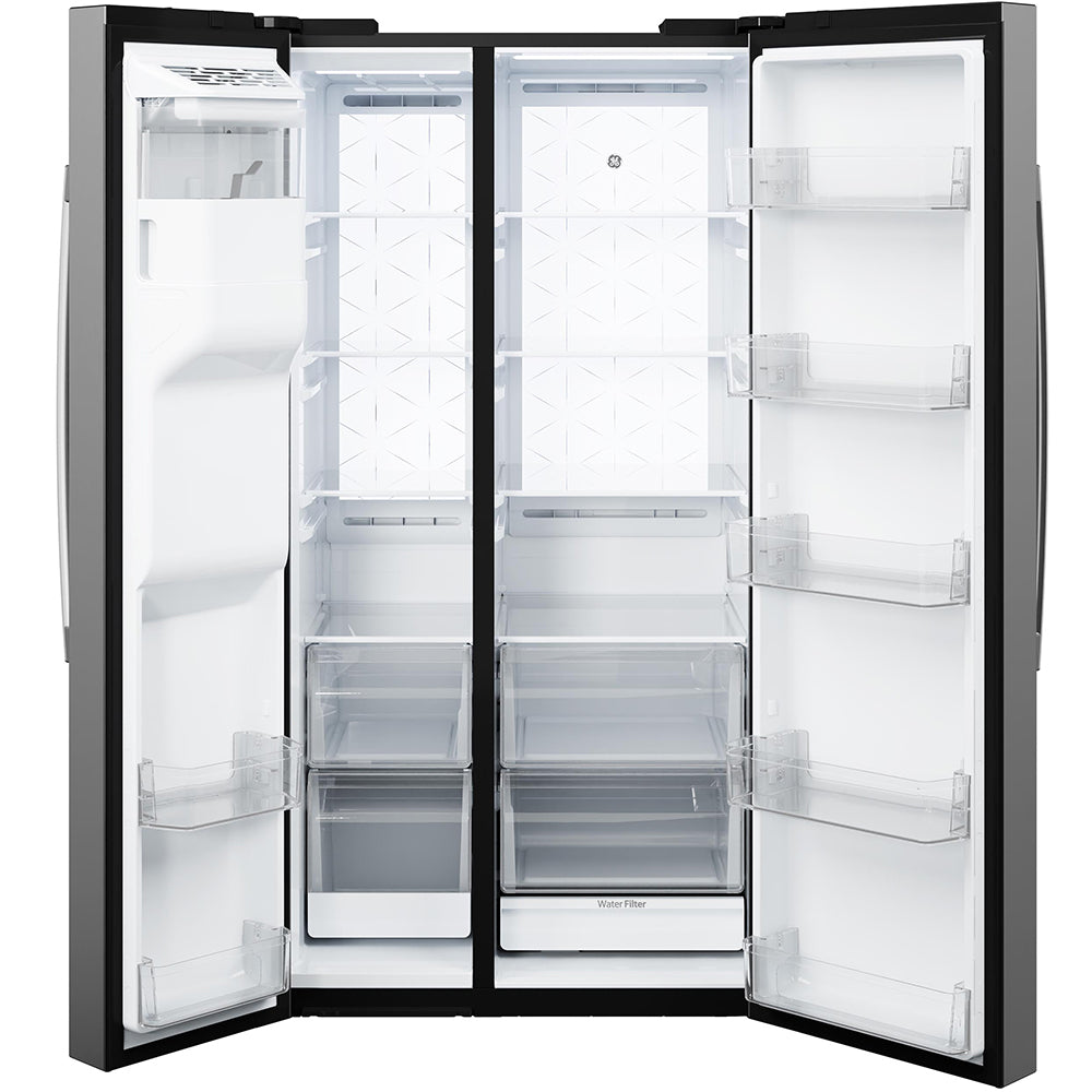 GE 36" 28.0 Cu. Ft. Stainless Steel Side-by-Side Refrigerator with Ice and Water Dispenser – GSS28PYYFS