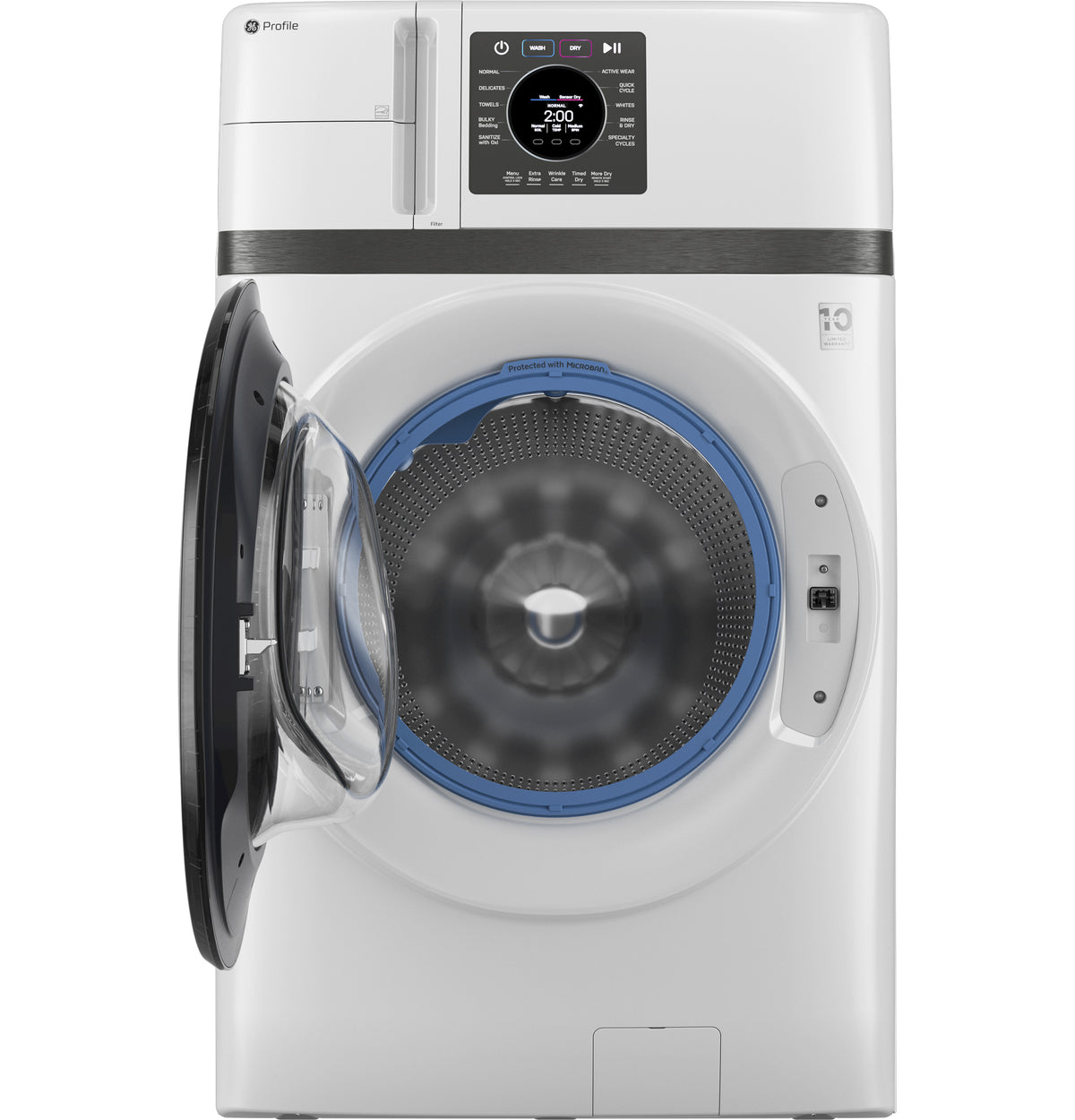 GE Profile 5.3 cu. ft. UltraFast washer dryer combo in white with front door open, showing the stainless steel drum interior