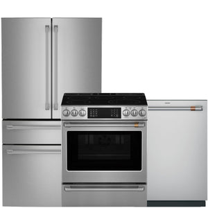 Café Stainless Steel Kitchen Package with French Door Refrigerator, Electric Range & Built-In Dishwasher