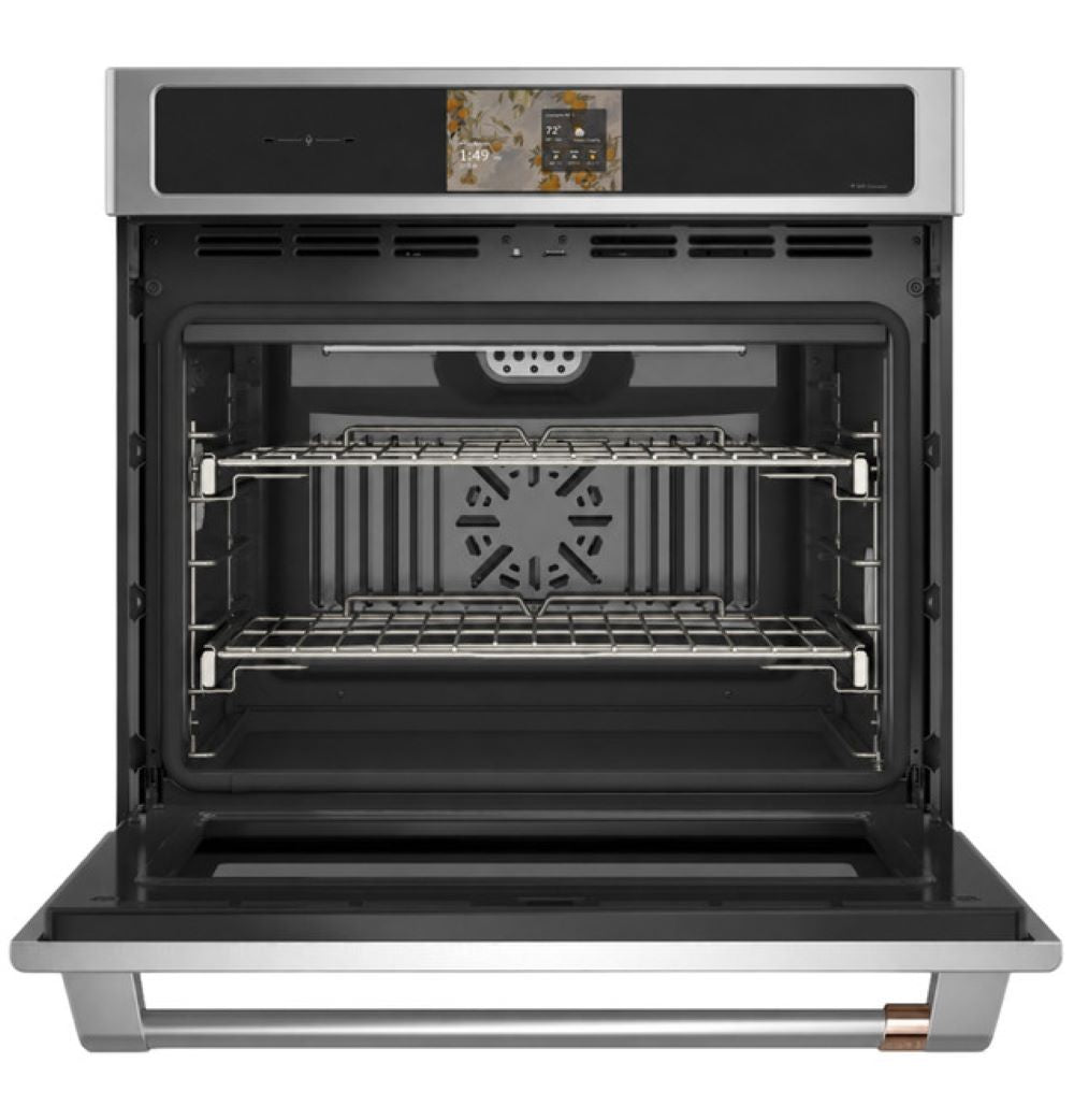 CAFÉ™ Professional Series 30" Matte Black Smart Wall Oven open showing convection fan and oven racks