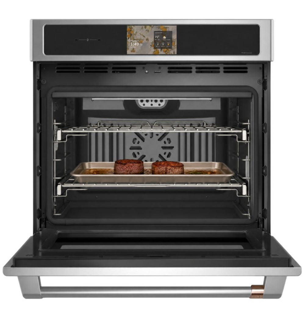 CAFÉ™ Professional Series 30" Stainless Steel Smart Wall Oven open with racks and roasting tray inside