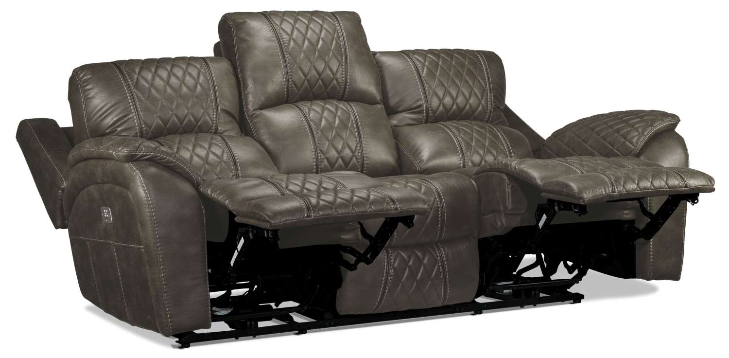 Wesley Dual Power Reclining Sofa and Dual Power Reclining Loveseat with Console Set - Granite