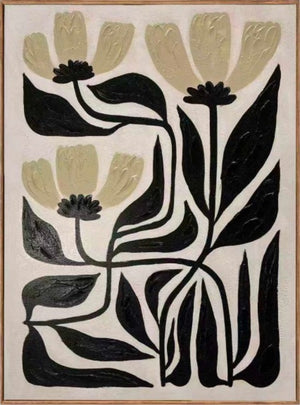In Full Bloom Stylized Botanical Wall Art - Ivory, Black