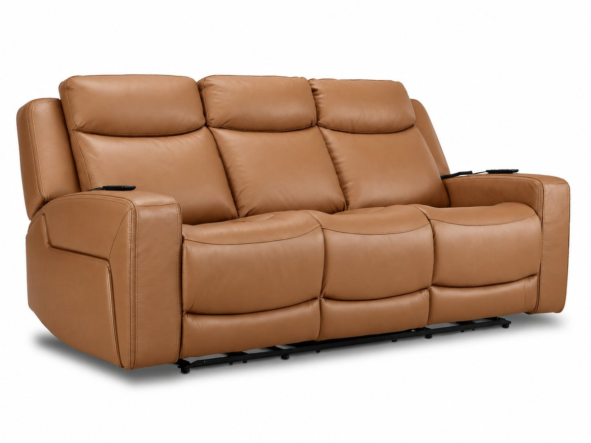 Jackson butternut leather power reclining sofa angled view with three padded seats, plush headrests and wide arms