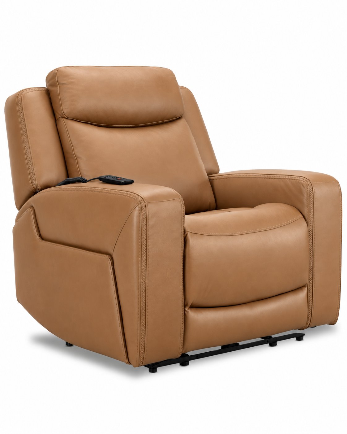 Jackson butternut leather power recliner angled view with padded headrest, wide arms and plush seat