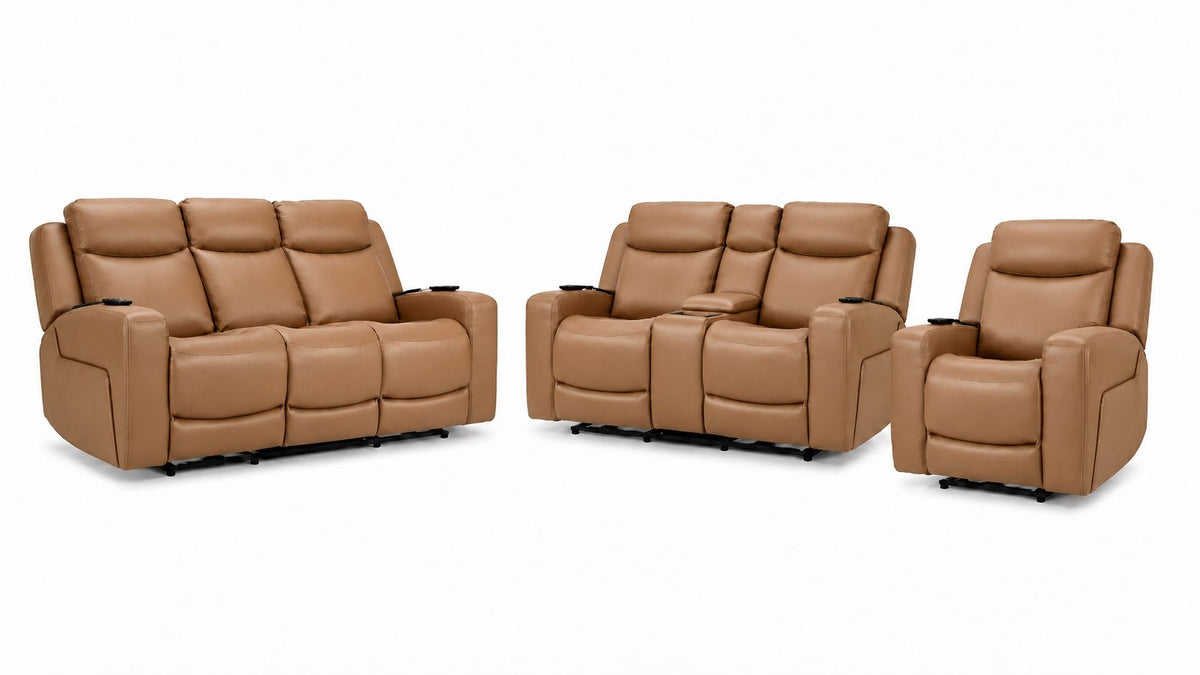 Jackson Leather Power Reclining Sofa, Loveseat and Recliner Set - Butternut with plush headrests, wide arms and power controls