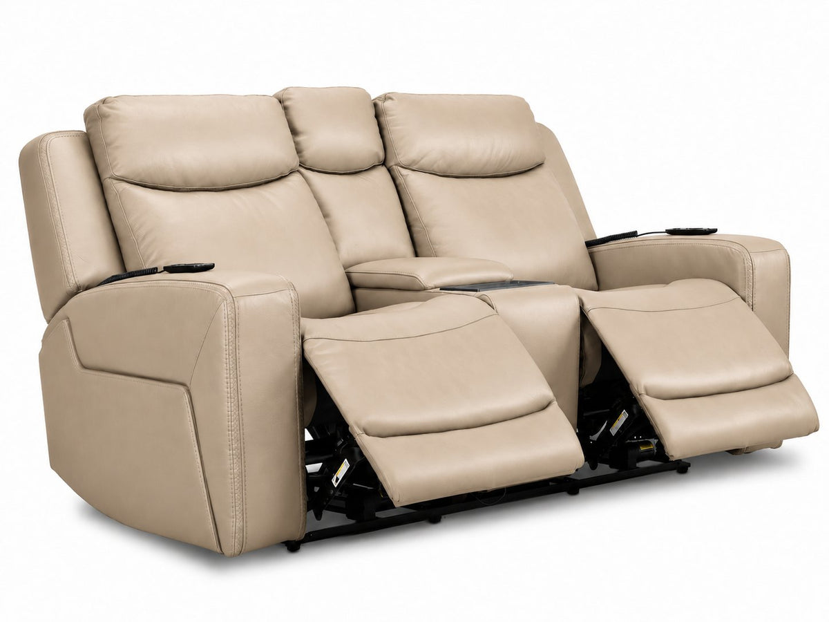 Jackson pristine leather reclining loveseat angled view with both power footrests extended and centre console