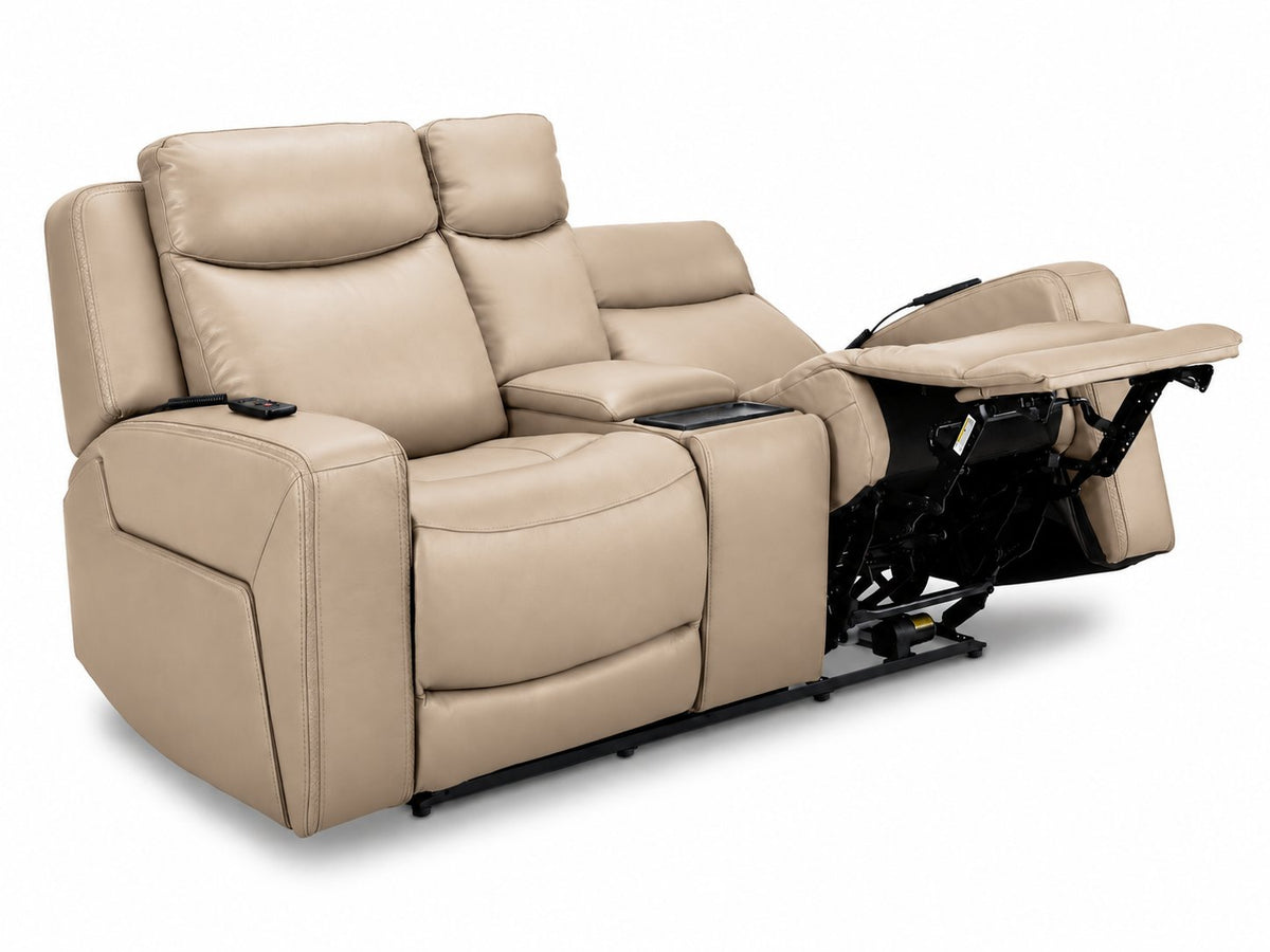 Jackson pristine leather loveseat angled view with one power seat fully reclined and the second seat upright