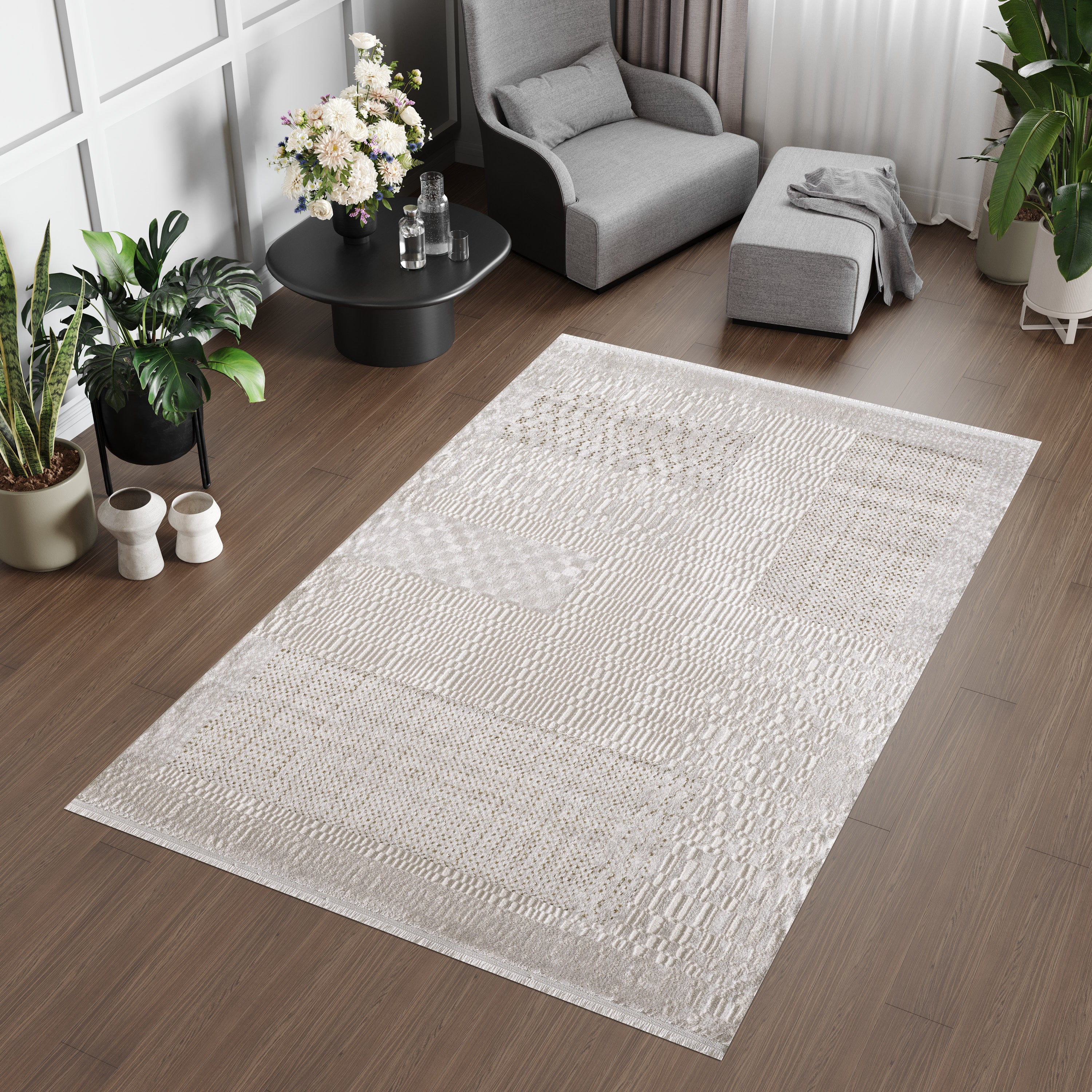 Merinos Lazer 6'6" x 9'5" Area Rug with Underpad - Cream, Beige