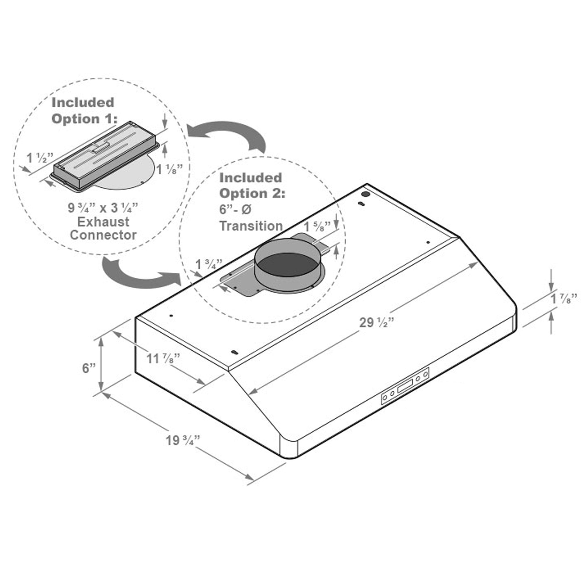VICTORY Stainless Steel 30-Inch 600 CFM Under Cabinet Range Hood - Luna-30