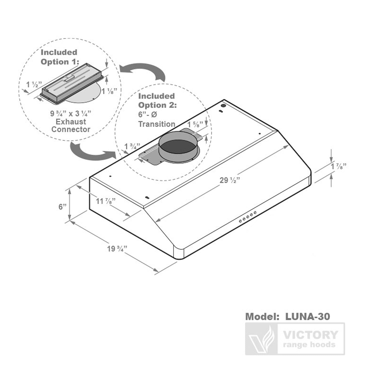 VICTORY Stainless Steel 30" 600 CFM Under Cabinet Range Hood - Luna-M-30