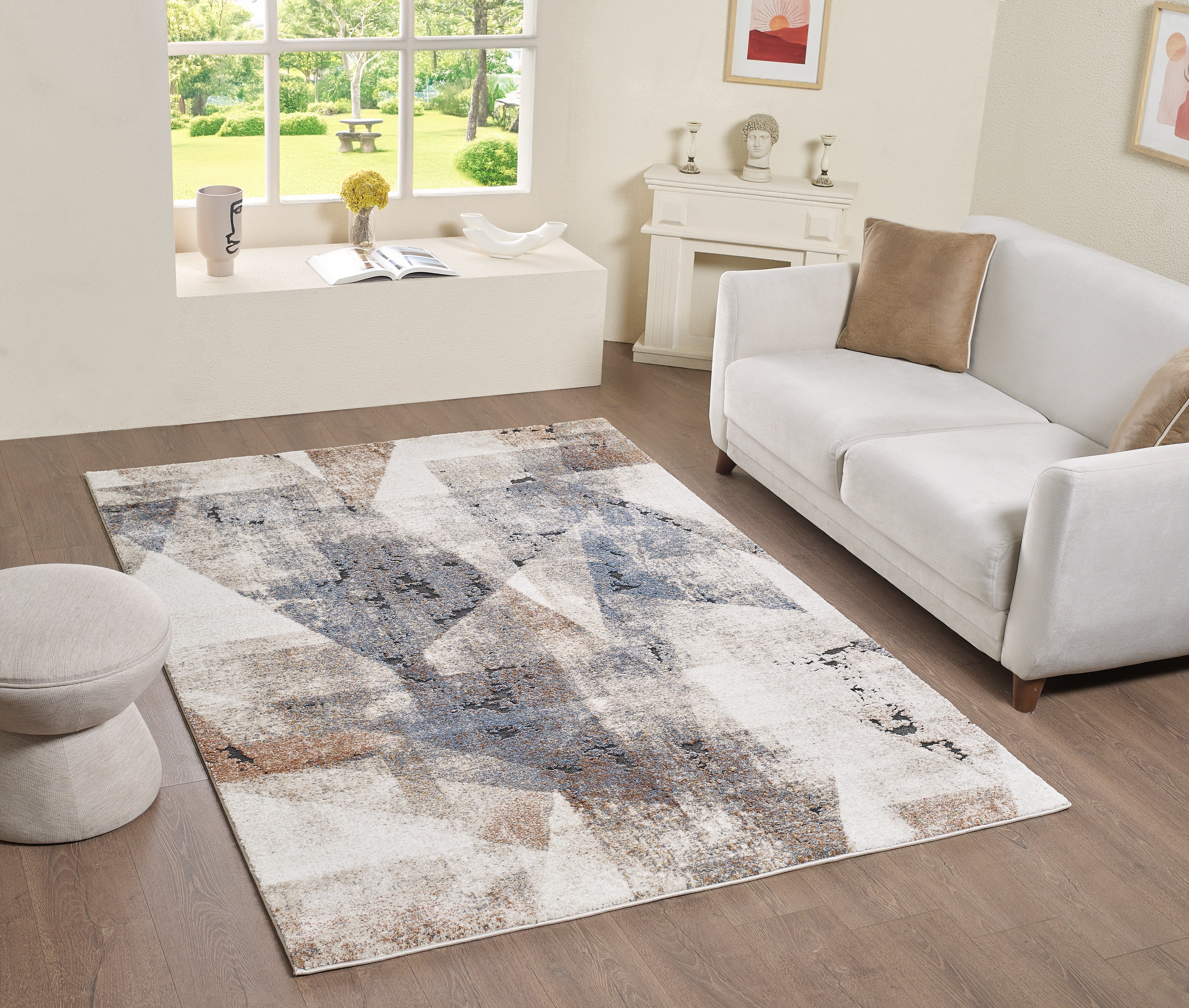 Merinos Panorama 5'3" x 7'5" Area Rug with Underpad - Blue, Cream