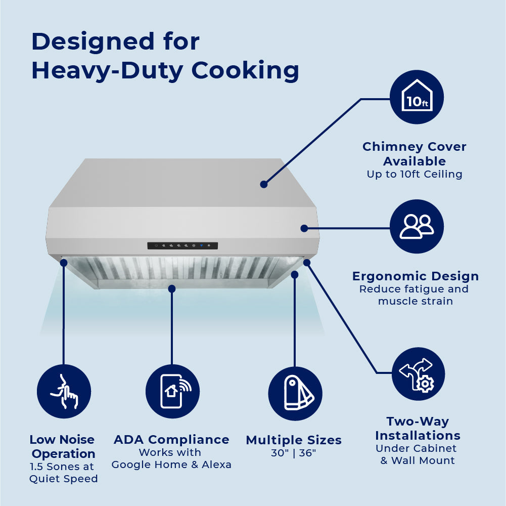Hauslane Stainless Steel PRO Series 30" Versatile Under Cabinet or Wall Mounted Range Hood with Smart App Control - PRO500SS-30--