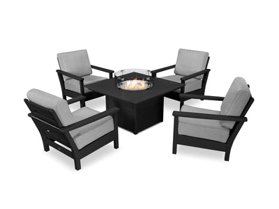 POLYWOOD® Harbour 5-Piece Conversation Set with Fire Pit Table - Black/Canvas Granite