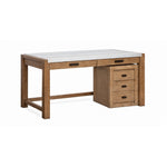 Plum Creek 60" Marble Top Writing Desk and Filing Cabinet Set - Sierra Brown in a three-quarter view with white marble top, wood frame, two desk drawers and matching three-drawer filing cabinet