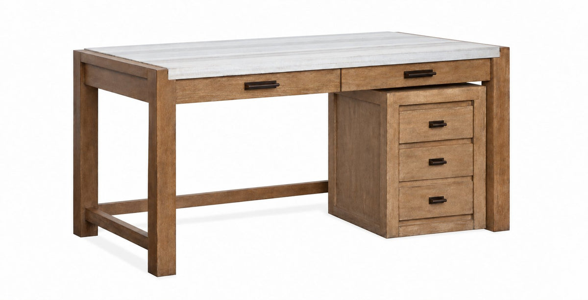 Plum Creek 60" Marble Top Writing Desk and Filing Cabinet Set - Sierra Brown in a three-quarter view with white marble top, wood frame, two desk drawers and matching three-drawer filing cabinet