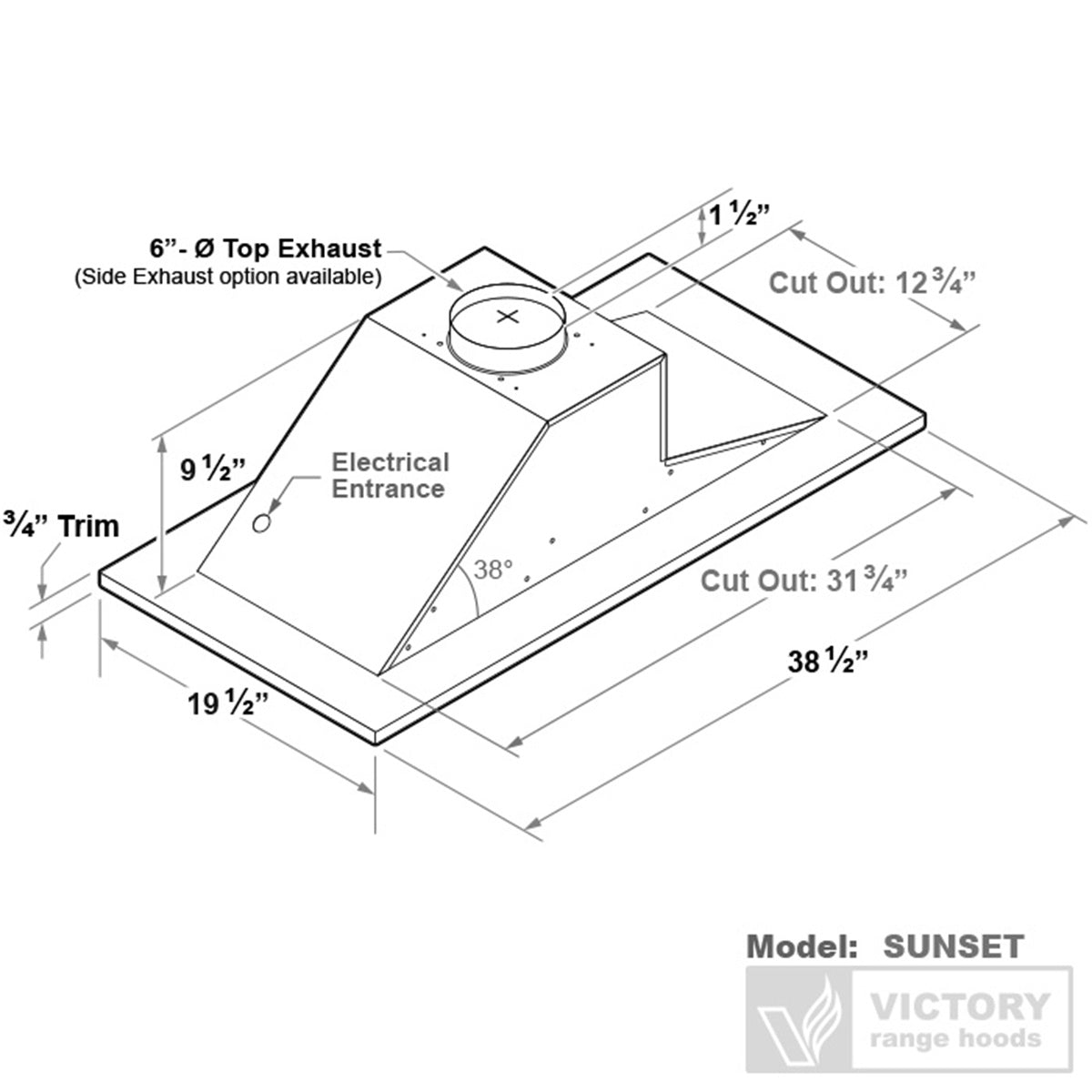 VICTORY Stainless Steel 600 CFM Flush Ceiling Range Hood - Sunset