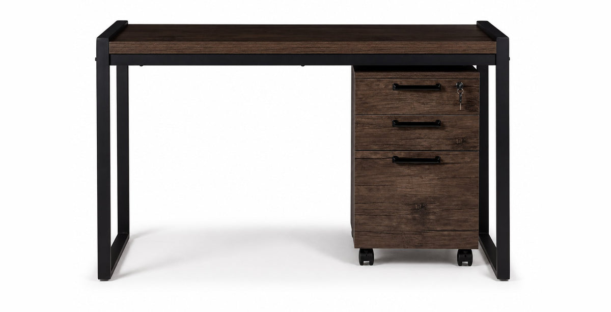 Sean 51" Writing Desk and Filing Cabinet Set - Grey Stone front view with open writing area, black metal frame and matching three-drawer filing cabinet on casters