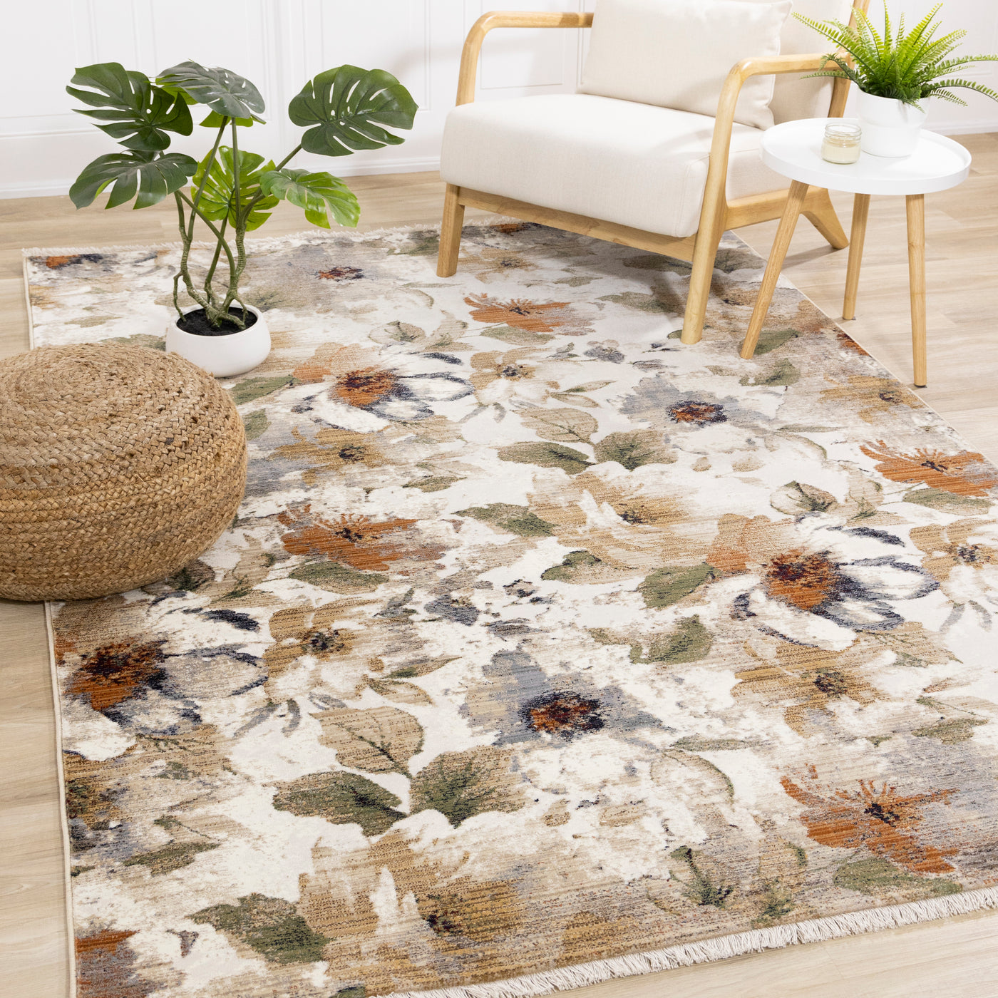 Rustic Garden 7'10" x 10'2" Warm Toned Floral Print Area Rug - Cream