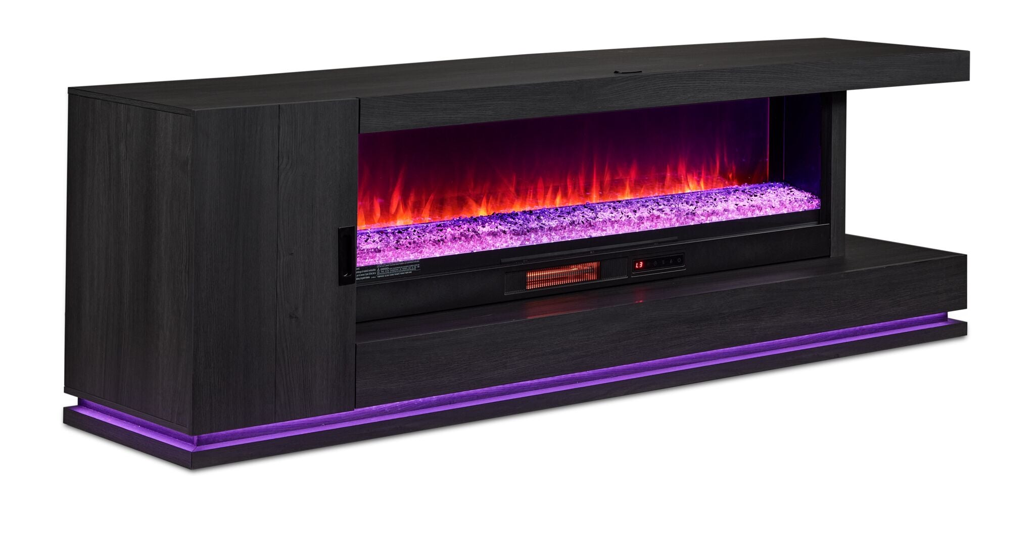 Arden 90" Fireplace TV Console - Washed Charcoal, angled view with orange flames and purple accent lighting