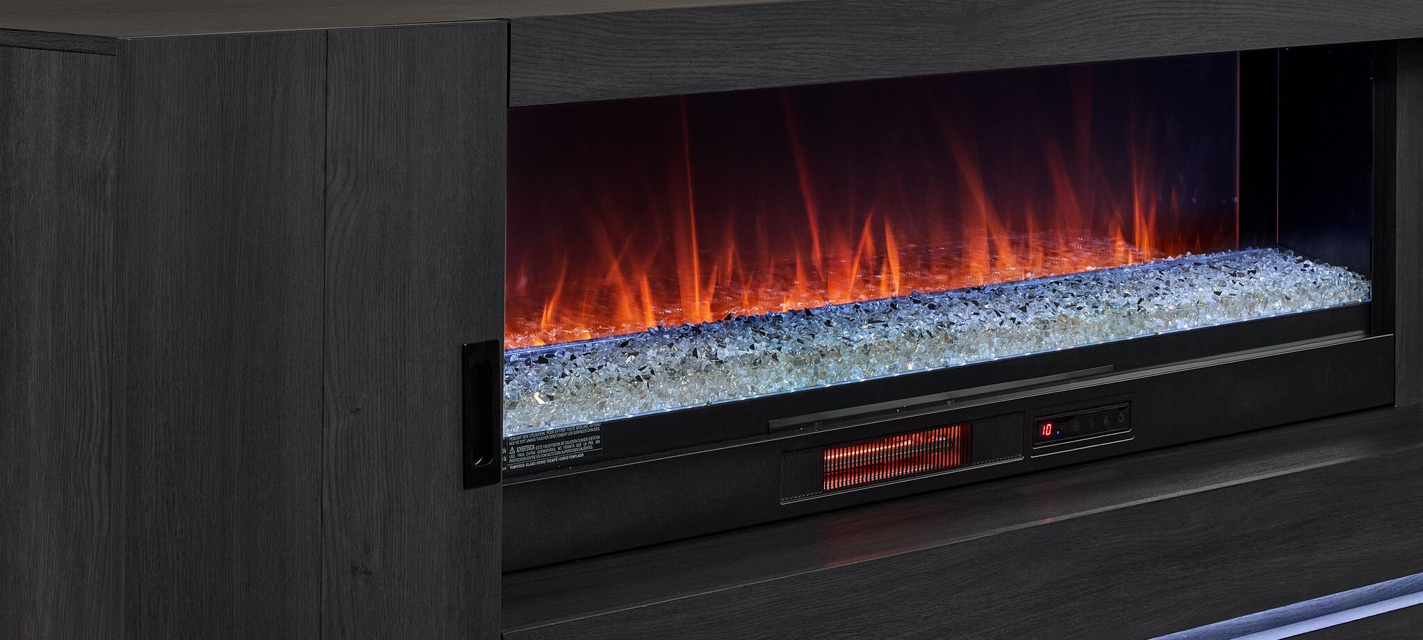 Arden 90" Fireplace TV Console - Washed Charcoal, close-up of electric fireplace, crystal bed and heater controls