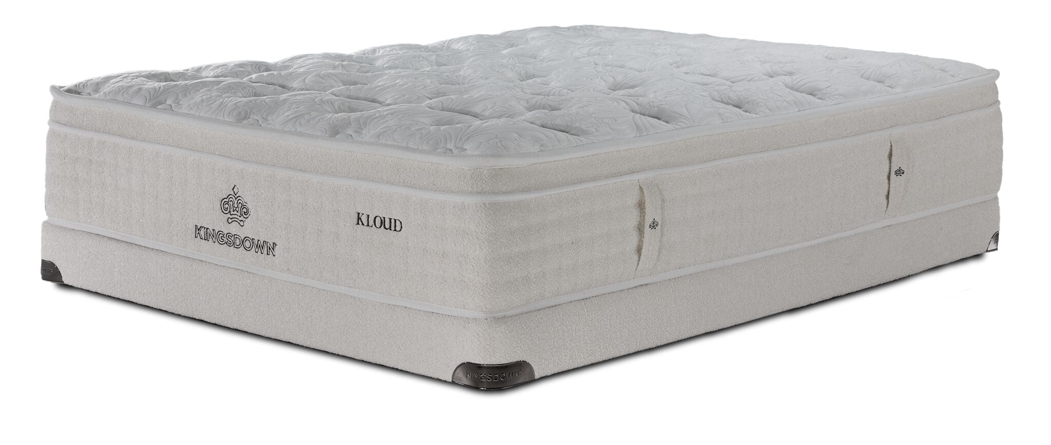 Three-quarter view of Kingsdown Atmosphere Firm Euro Top Full Mattress and Low Profile Boxspring Set in beige.