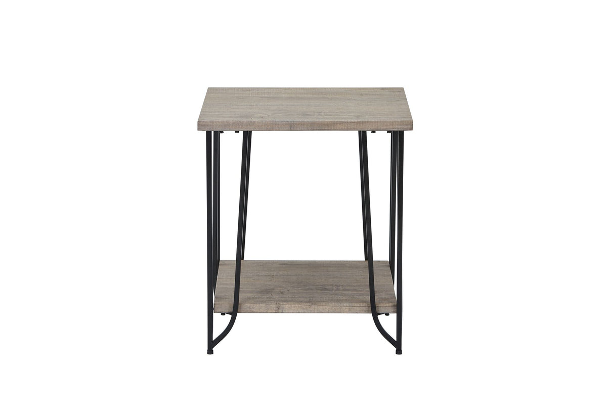 Bennet rustic oak end table front view with square top, black metal legs and lower storage shelf
