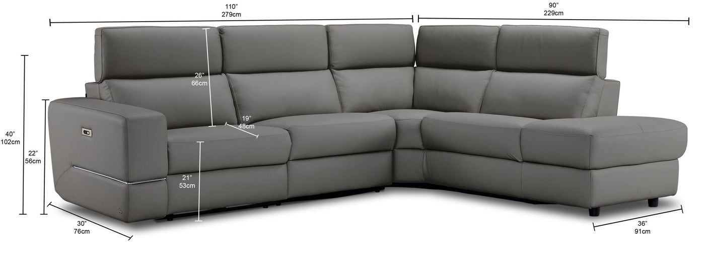 Bianca 3-Piece Power Sectional with Right Facing Chaise - Grey