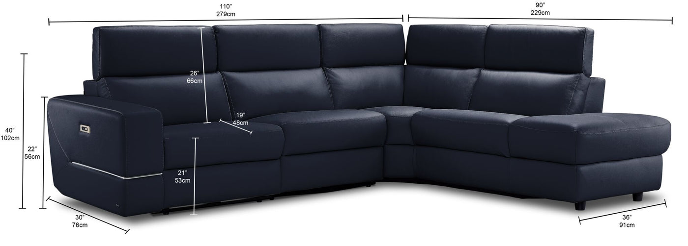Bianca 3-Piece Power Sectional with Right Facing Chaise - Navy Blue