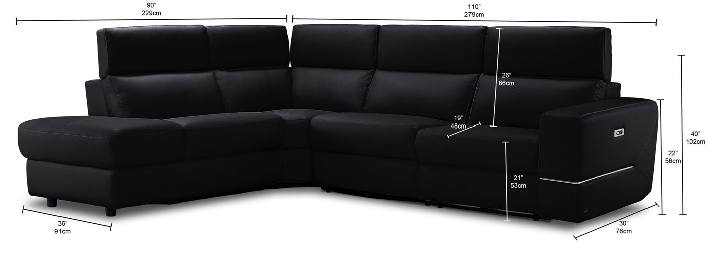 Bianca 3-Piece Power Sectional with Left Facing Chaise - Black