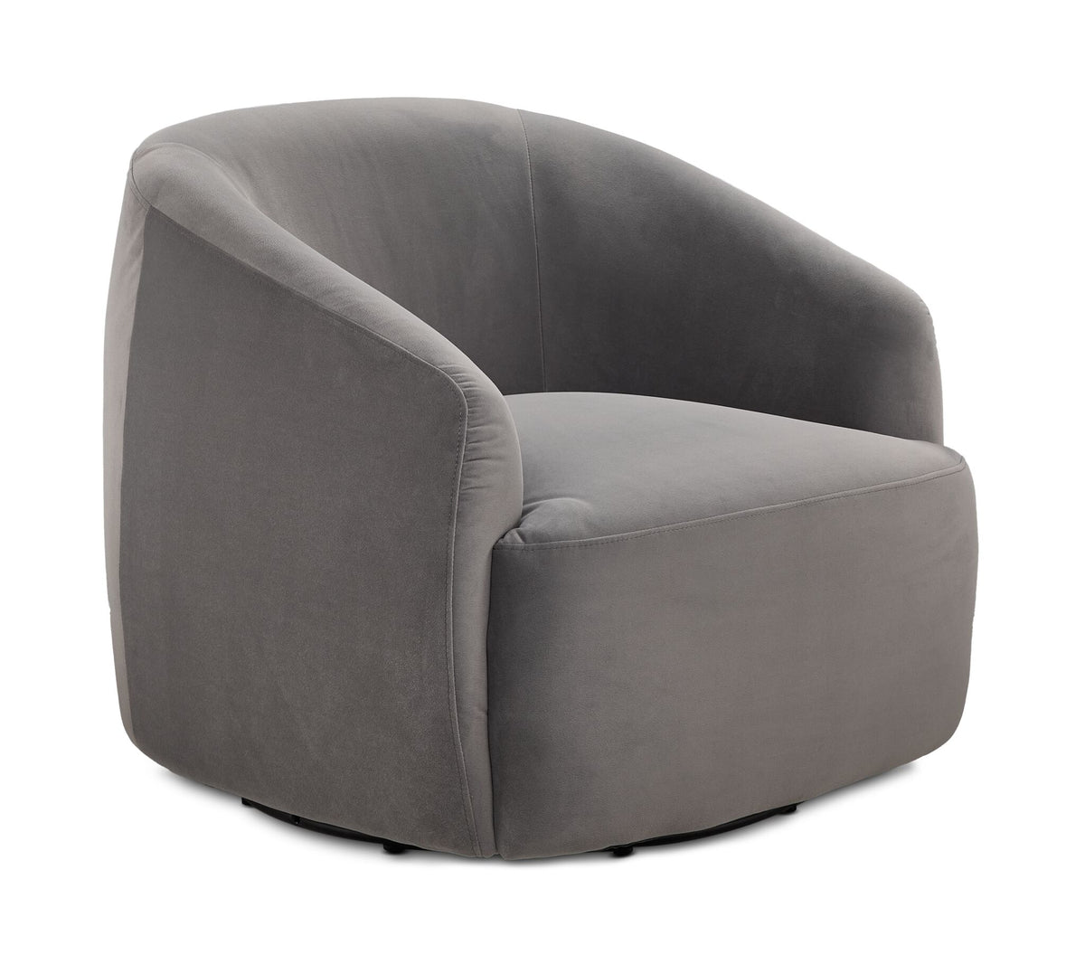 Blaire Swivel Accent Chair - Grey shown at an angle with curved wraparound back, cushioned seat and swivel base