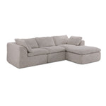 Bliss 3-piece modular beige sectional with right-facing chaise, plush cushions, wide arms and soft textured upholstery.