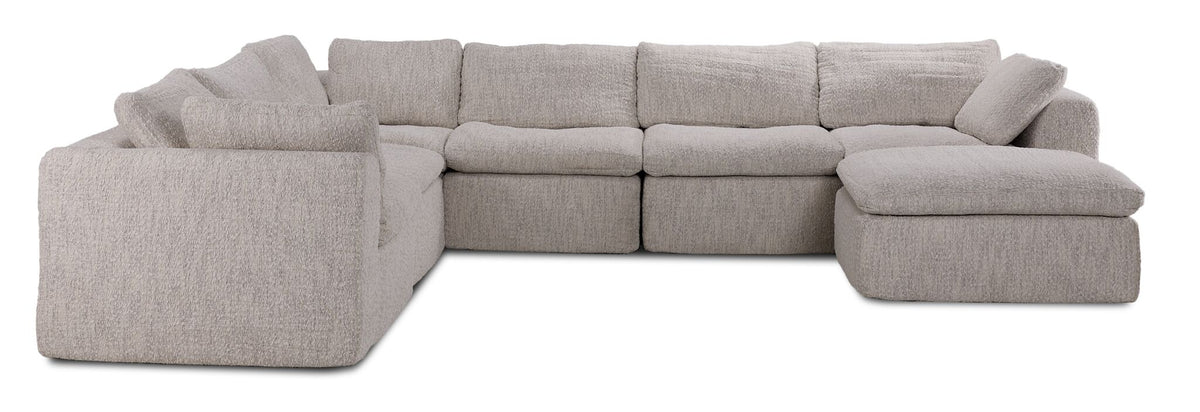 Front view of beige Bliss 6-piece modular sectional with deep cushioned seating, loose back cushions and right-side chaise.