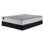 Sealy Burchelle Extra Firm Tight Top Queen mattress with split black boxspring set, three-quarter view