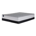 Sealy Burchelle Extra Firm Tight Top Queen mattress with black low profile split boxsprings, three-quarter view