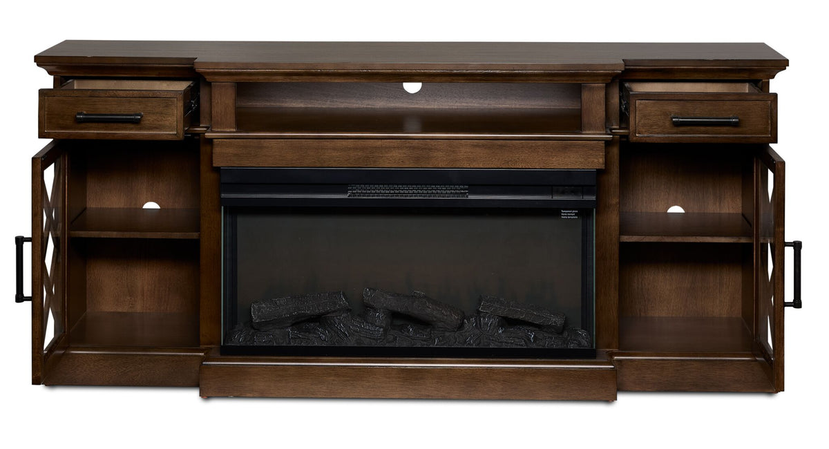 Cardiff 70" Fireplace TV Stand - Walnut with cabinet doors open, showing side shelves and fireplace turned off