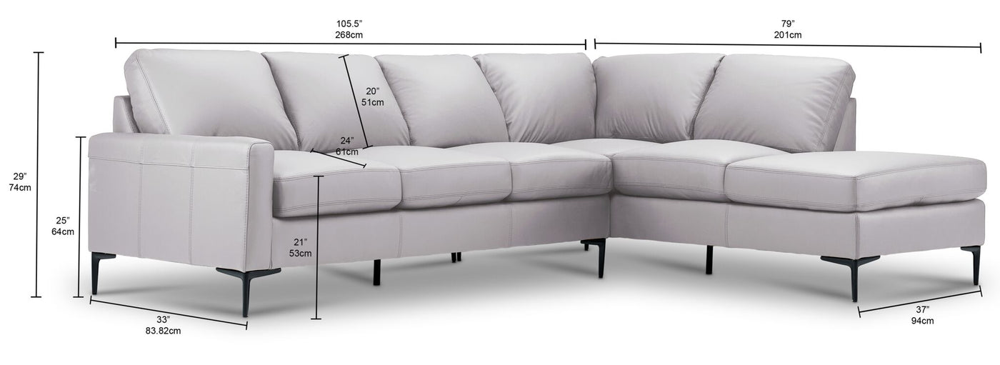 Chito Leather 2-Piece Sectional with Right Facing Chaise - Cloud Grey