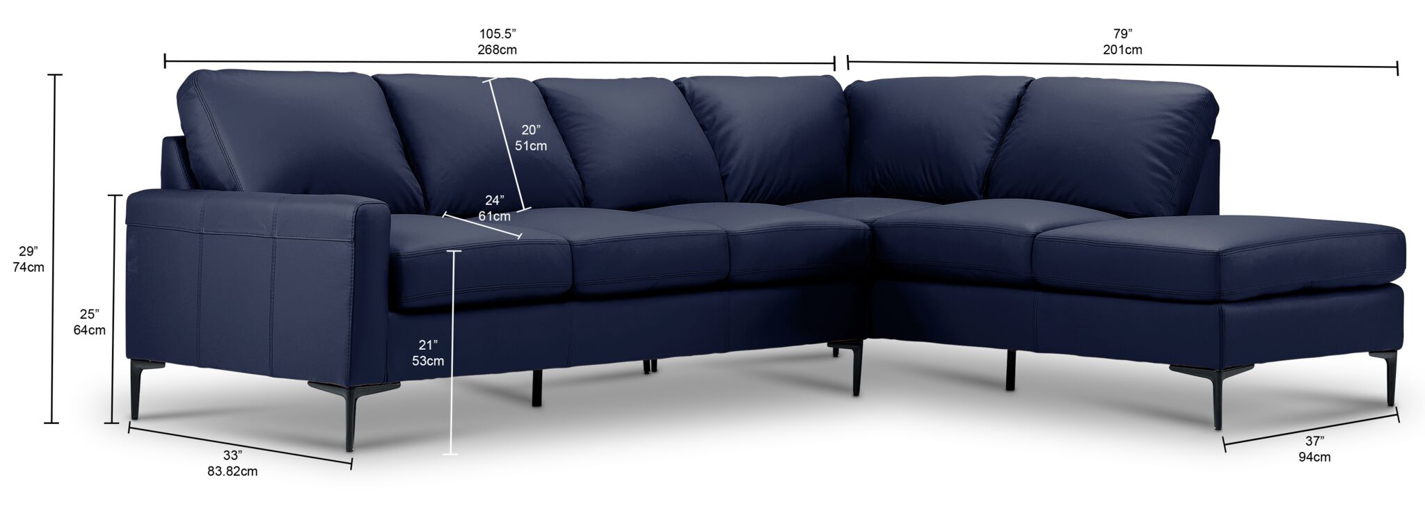 Chito Leather 2-Piece Sectional with Right Facing Chaise - Navy