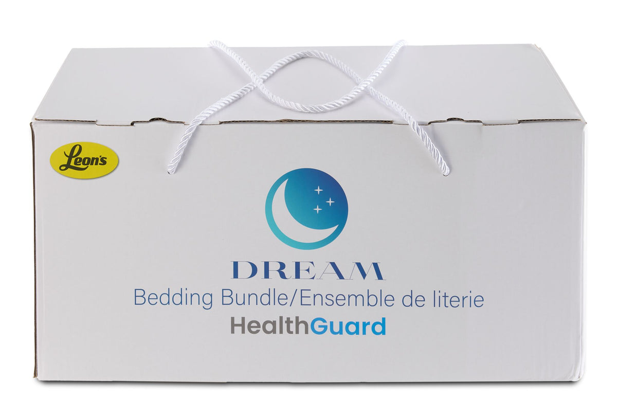 Queen 10-Piece White Dream Bedding Bundle packaged in a white Dream HealthGuard bedding box with carrying handles