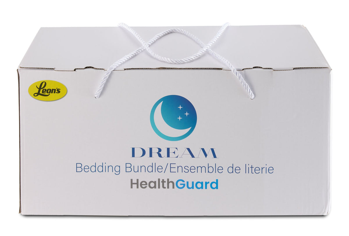 Twin XL 7-Piece White Dream Bedding Bundle packaged in a white Dream HealthGuard bedding box with carrying handles