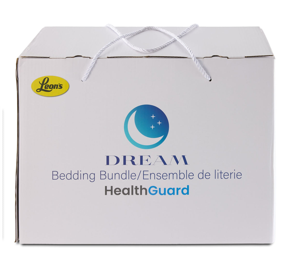 Packaging for the Full 10-Piece Cool Touch White Dream Bedding Bundle featuring Dream Bedding Bundle and HealthGuard branding